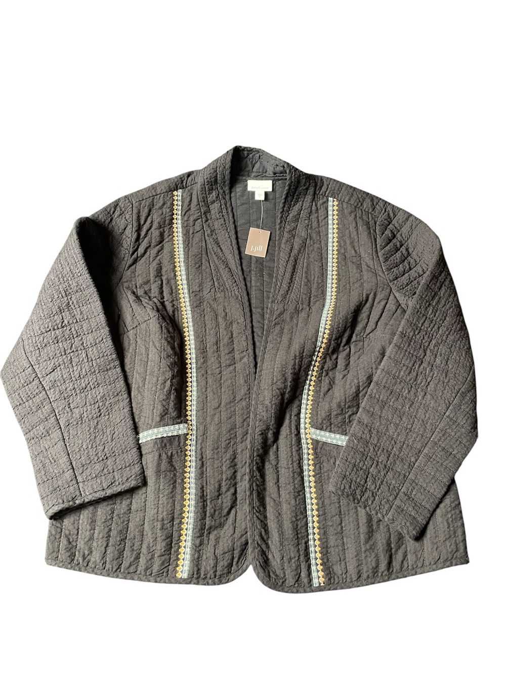 J. Jill Quilted Black Open-Front Jacket with Trim